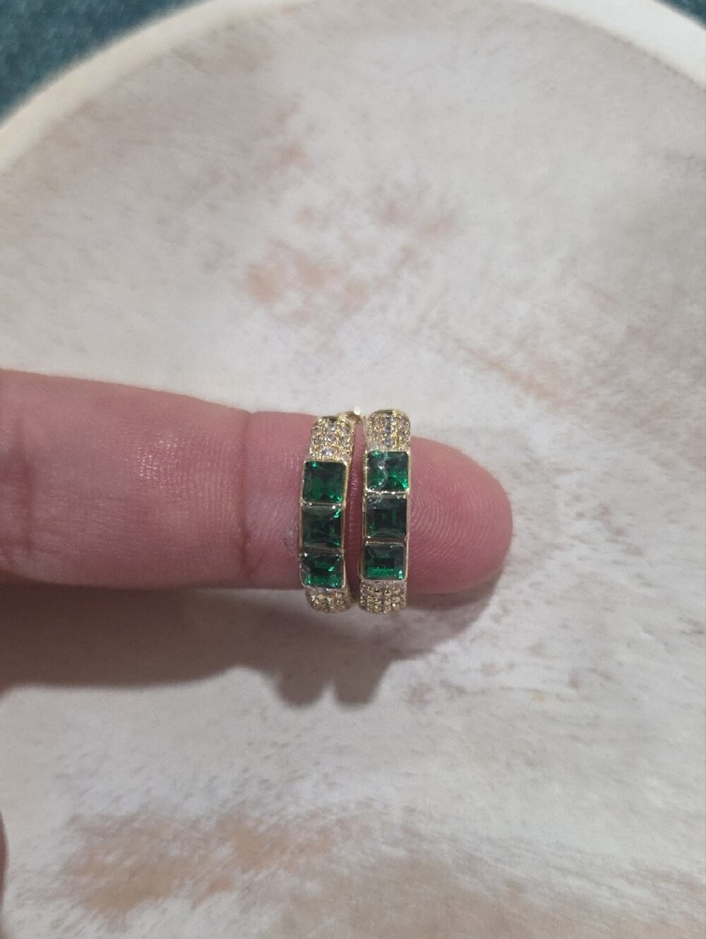 14k Gold Plated Emerald Hoop Earrings - Picture 3 of 3